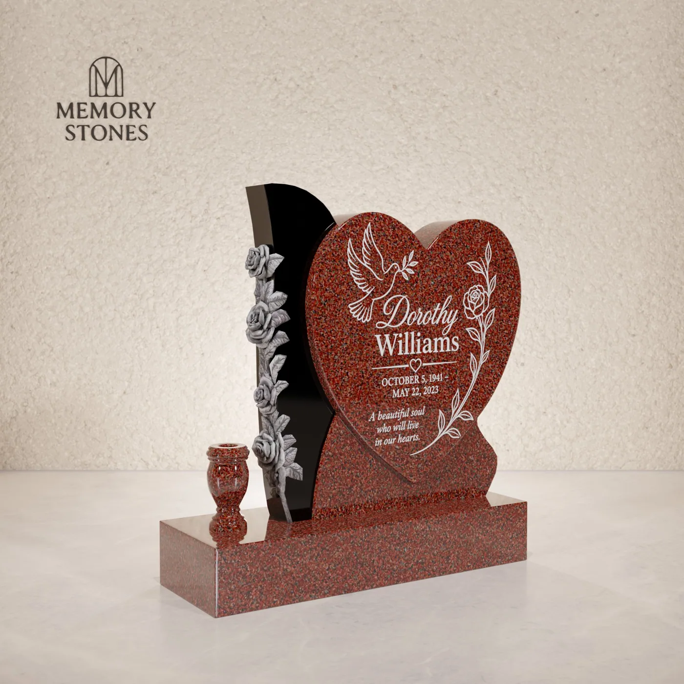 Heart Headstone with Rose Accent