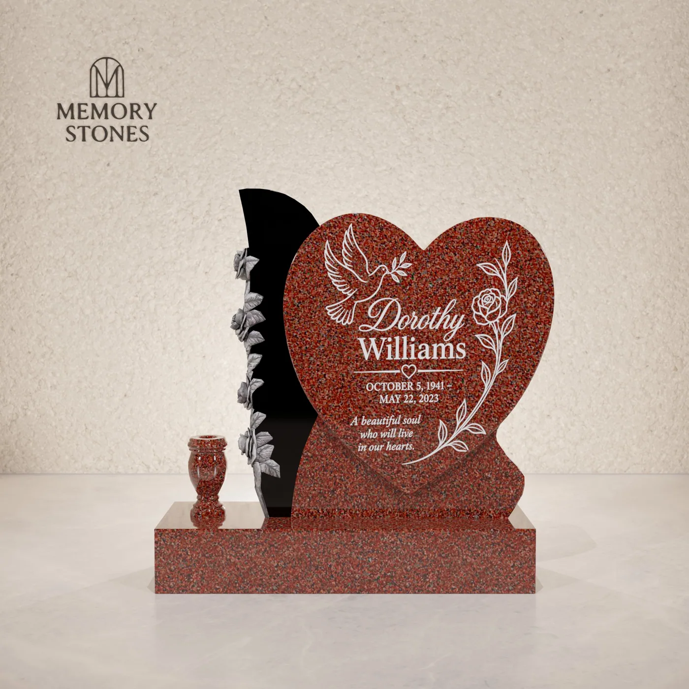 Heart Headstone with Rose Accent — view 2