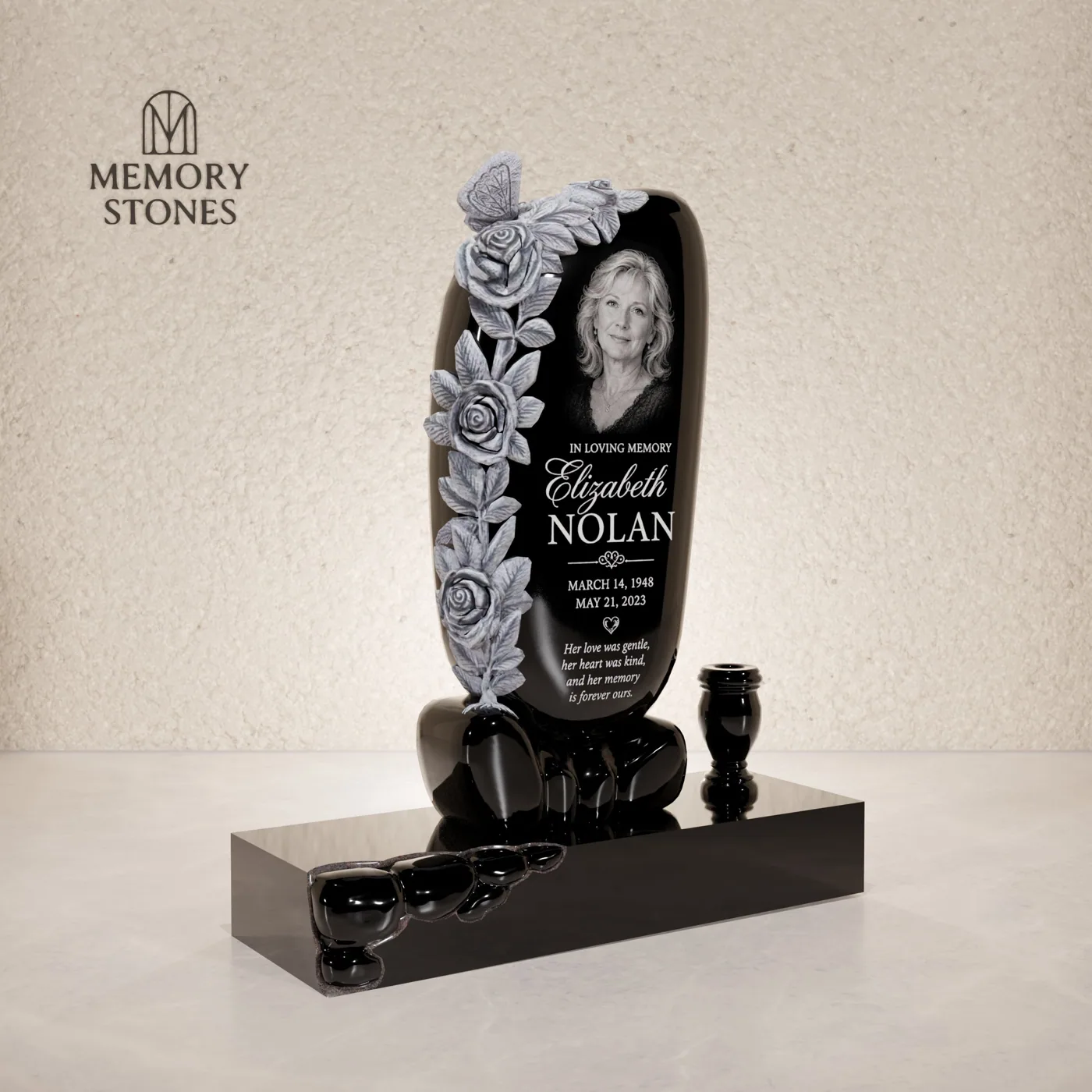 Elegant Upright Headstone with Roses & Butterfly