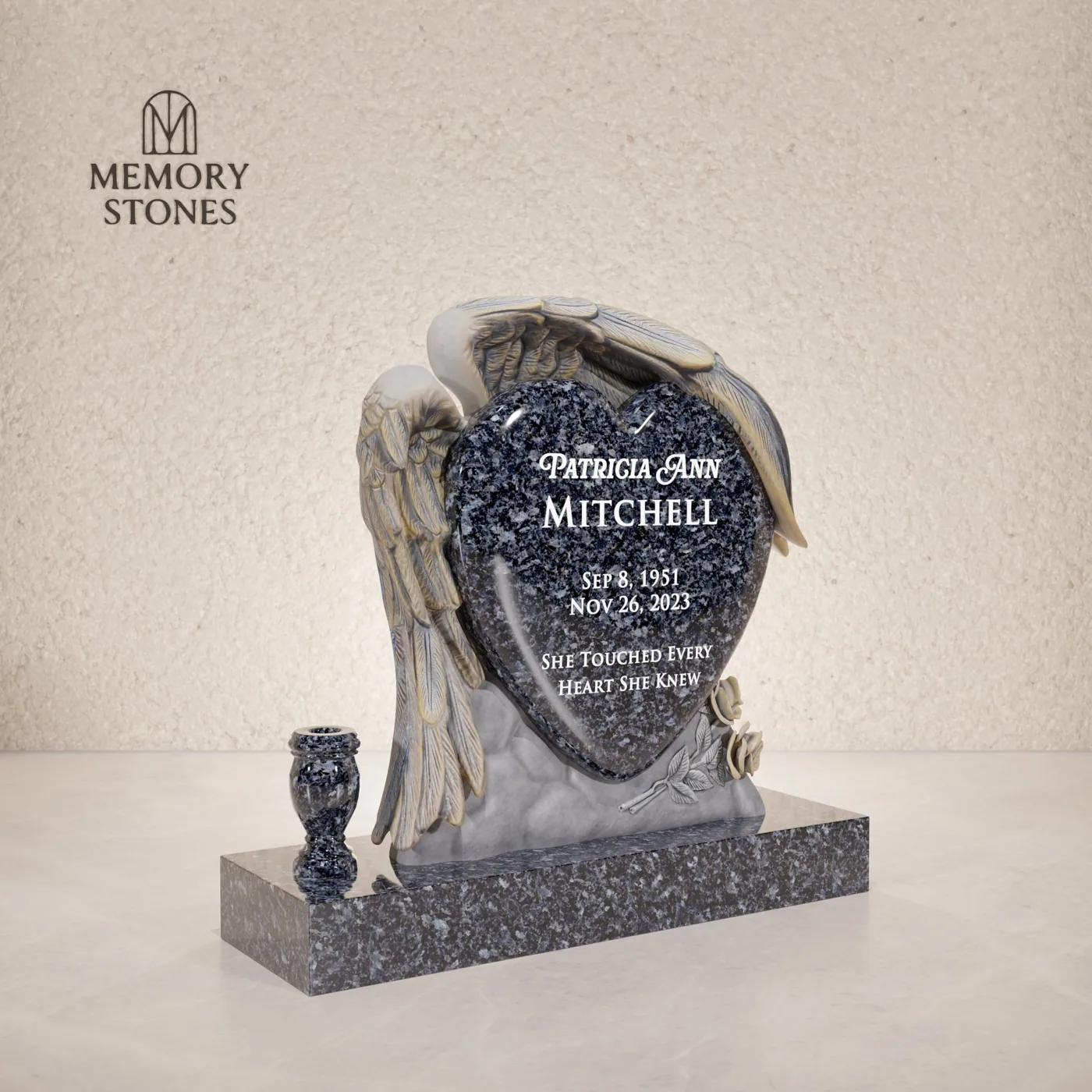 Angel Wings Heart Headstone with Rose Detail
