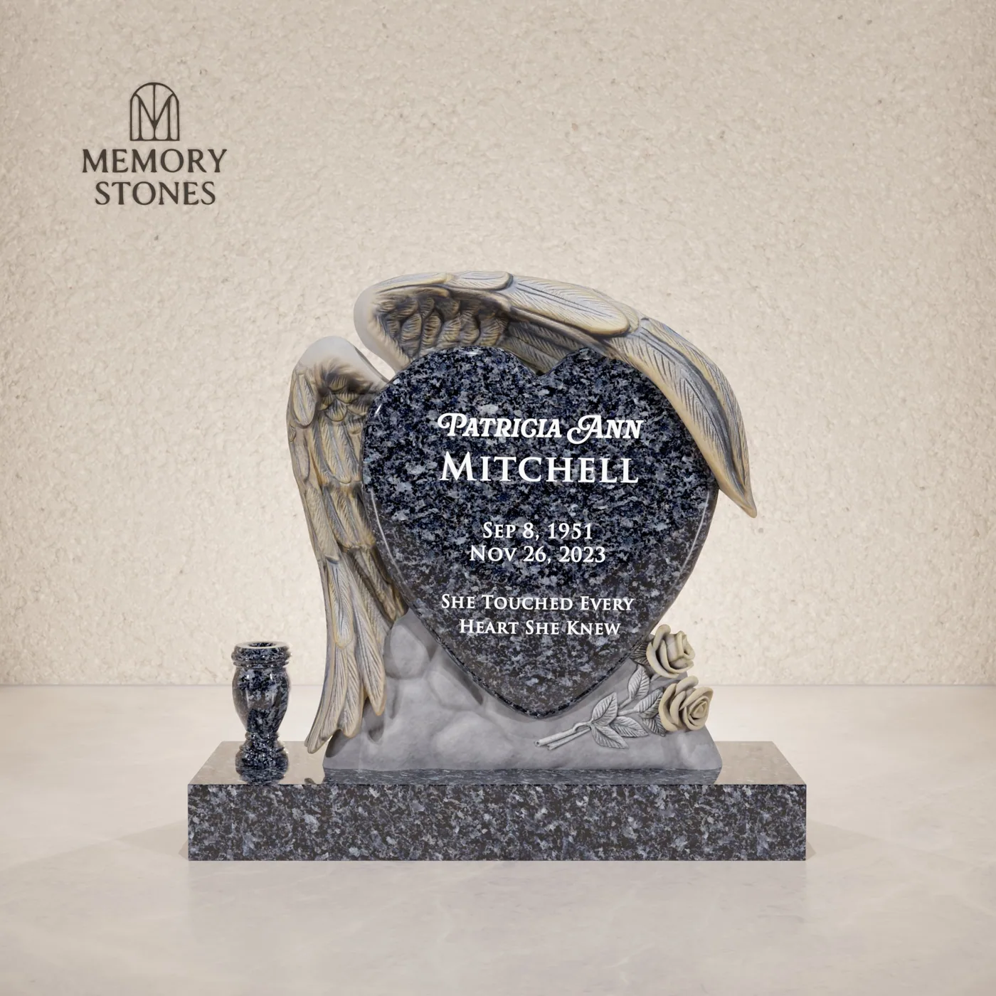 Angel Wings Heart Headstone with Rose Detail — view 2
