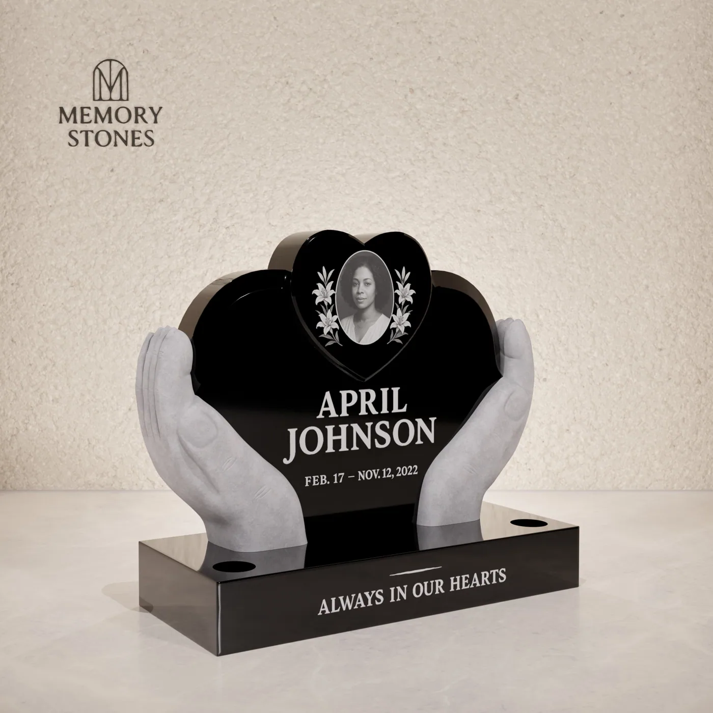 Hands & Heart Shaped Companion Upright Granite Headstone