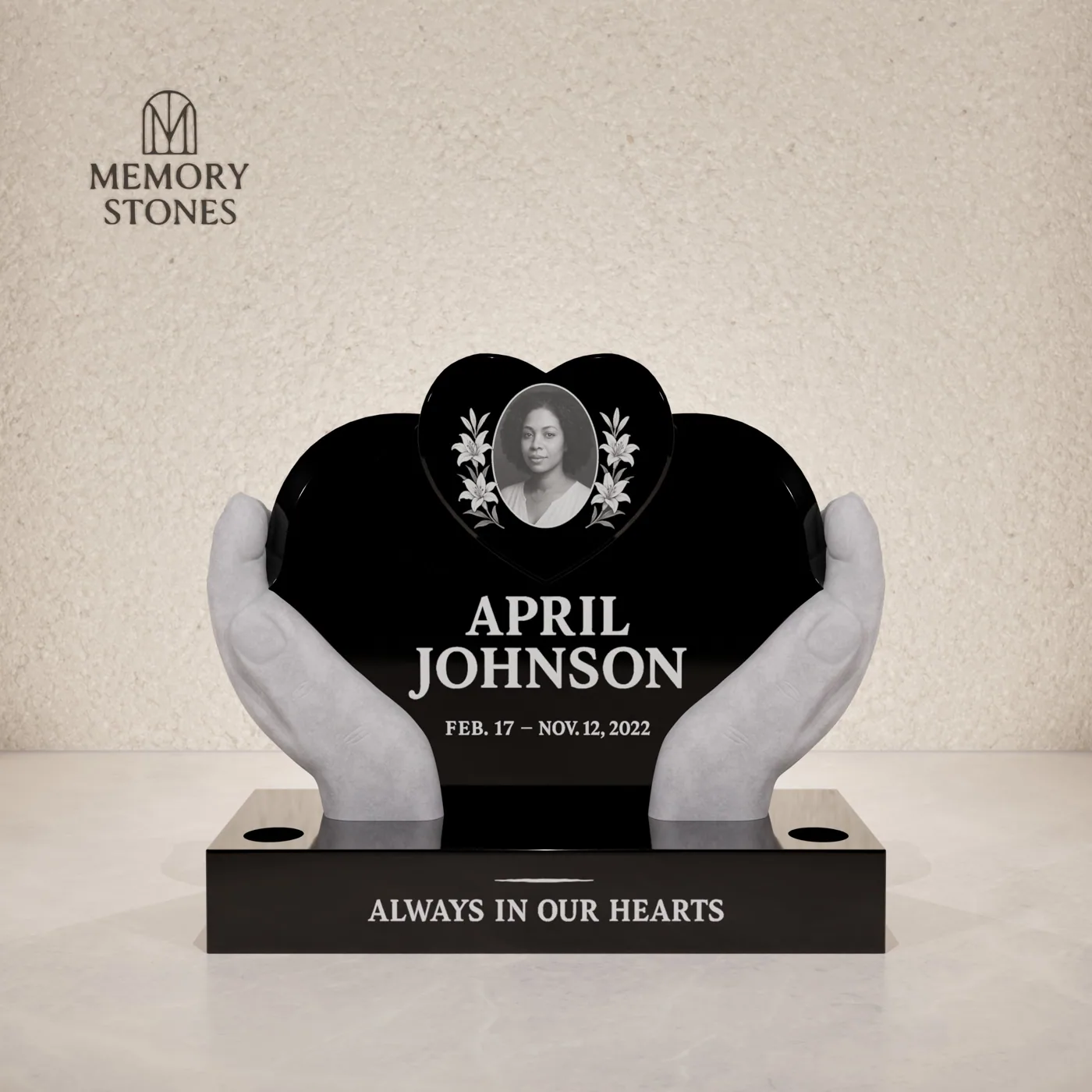 Hands & Heart Shaped Companion Upright Granite Headstone — view 2