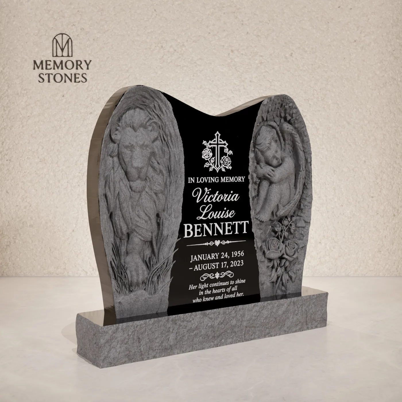 Angel & Lion Winged Upright Granite Headstone