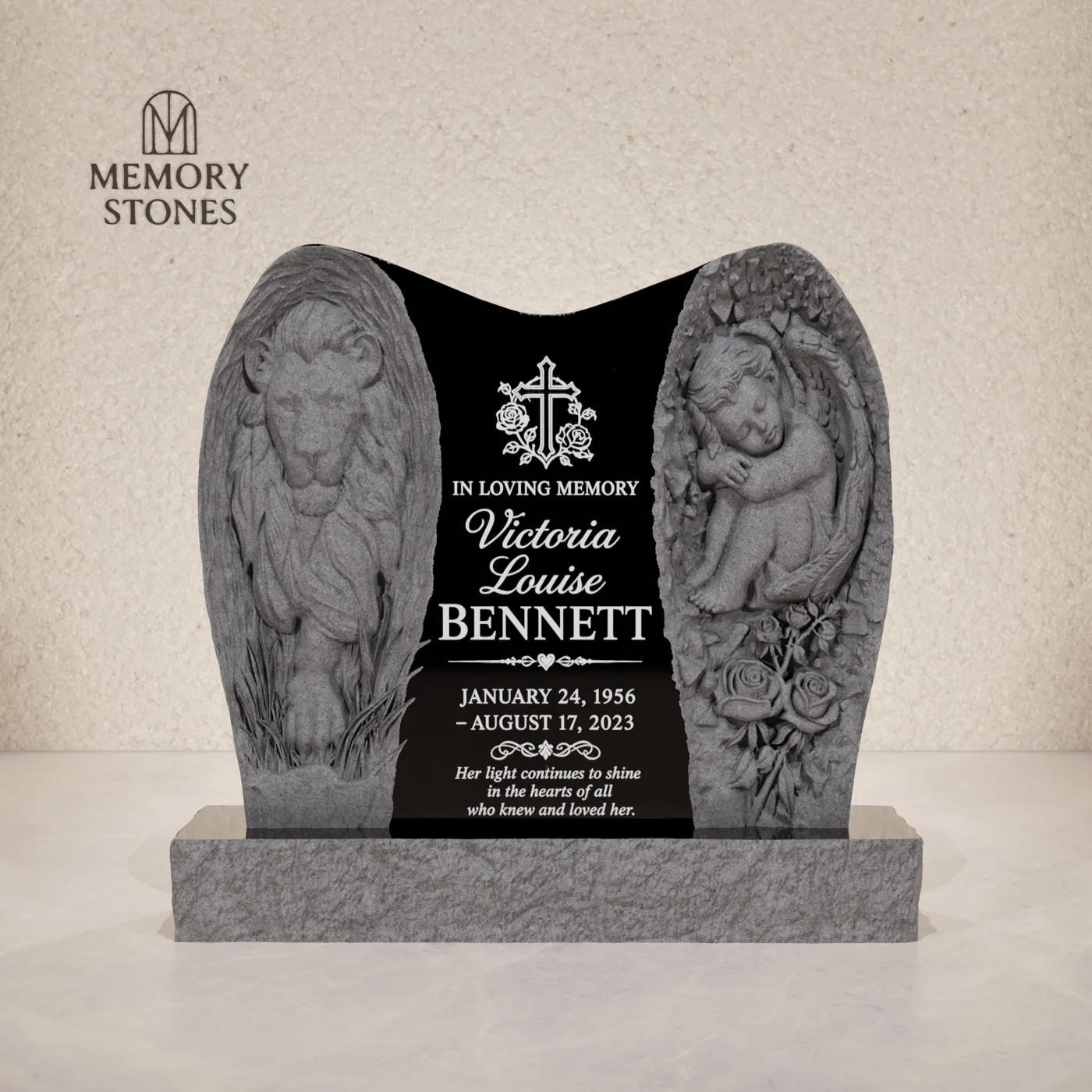 Angel & Lion Winged Upright Granite Headstone — view 2