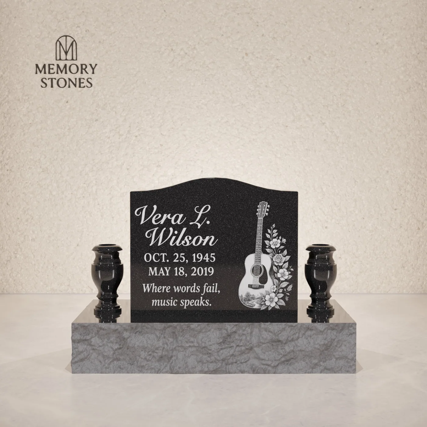 Serpentine Upright Headstone with Vases — view 2