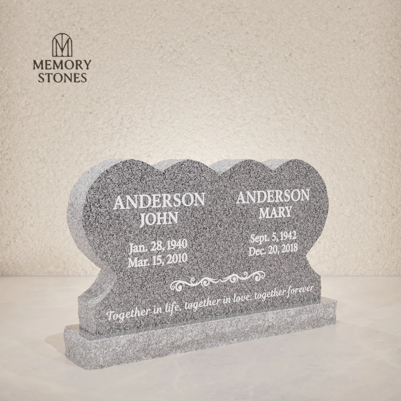 Triple Heart Companion Headstone 42 x 6 x 28