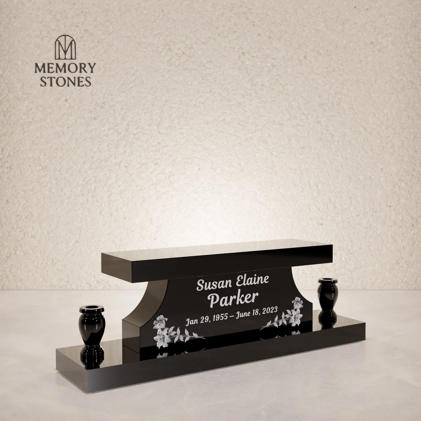 Granite Memorial Bench with Base & Vases