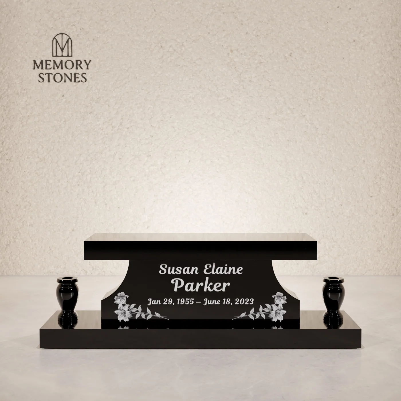 Granite Memorial Bench with Base & Vases — view 2