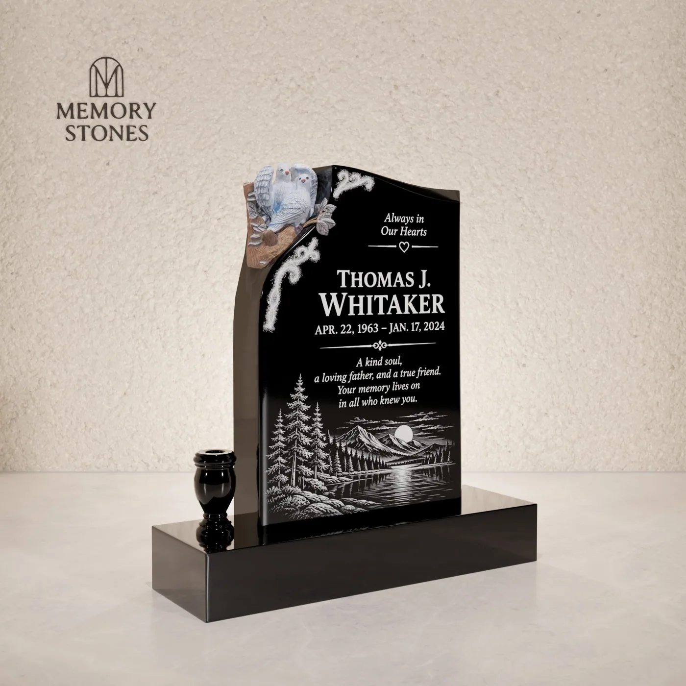 Special Shape Upright Granite Headstone with Doves