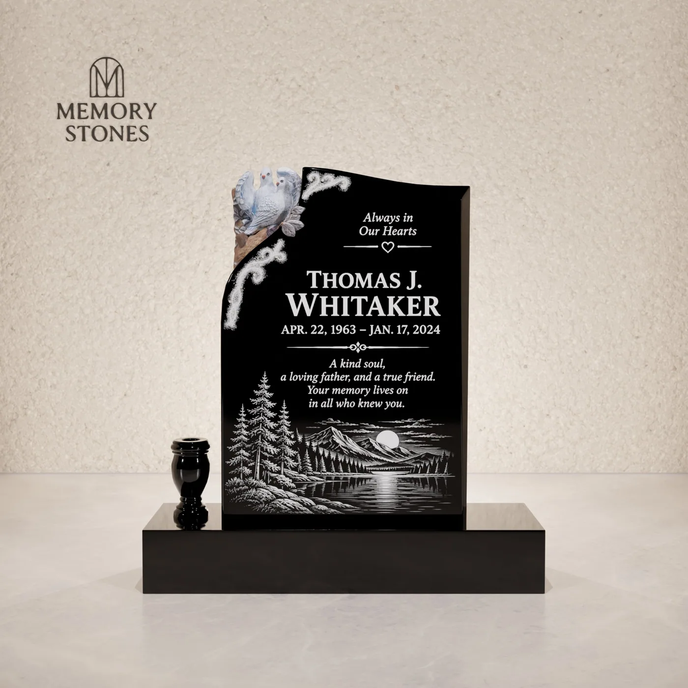 Special Shape Upright Granite Headstone with Doves — view 2