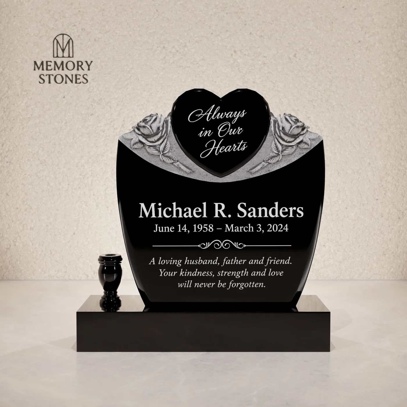 Heart & Roses Upright Granite Headstone — view 2