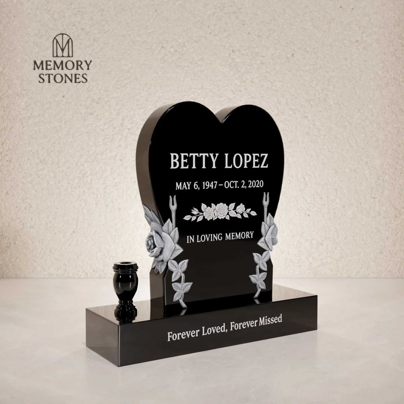Heart Memorial with Rose Carving