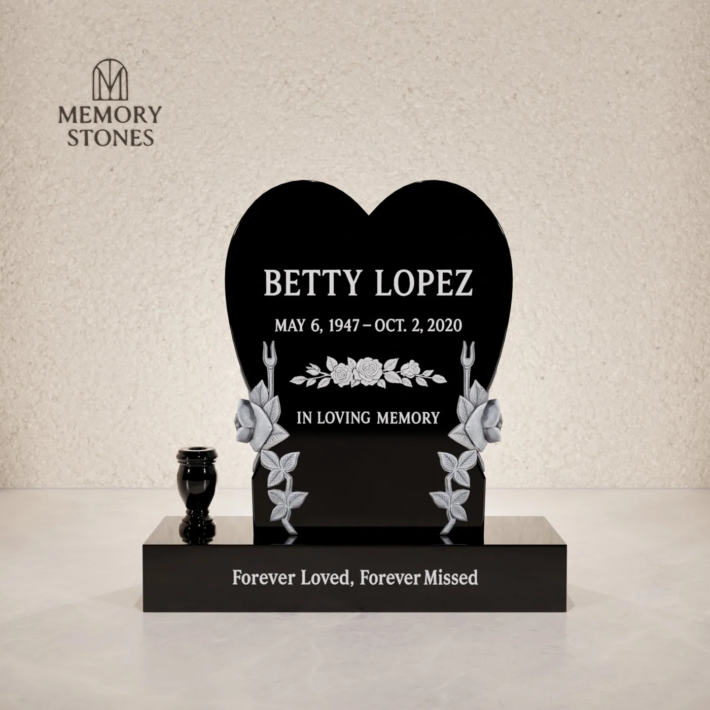 Heart Memorial with Rose Carving — view 2