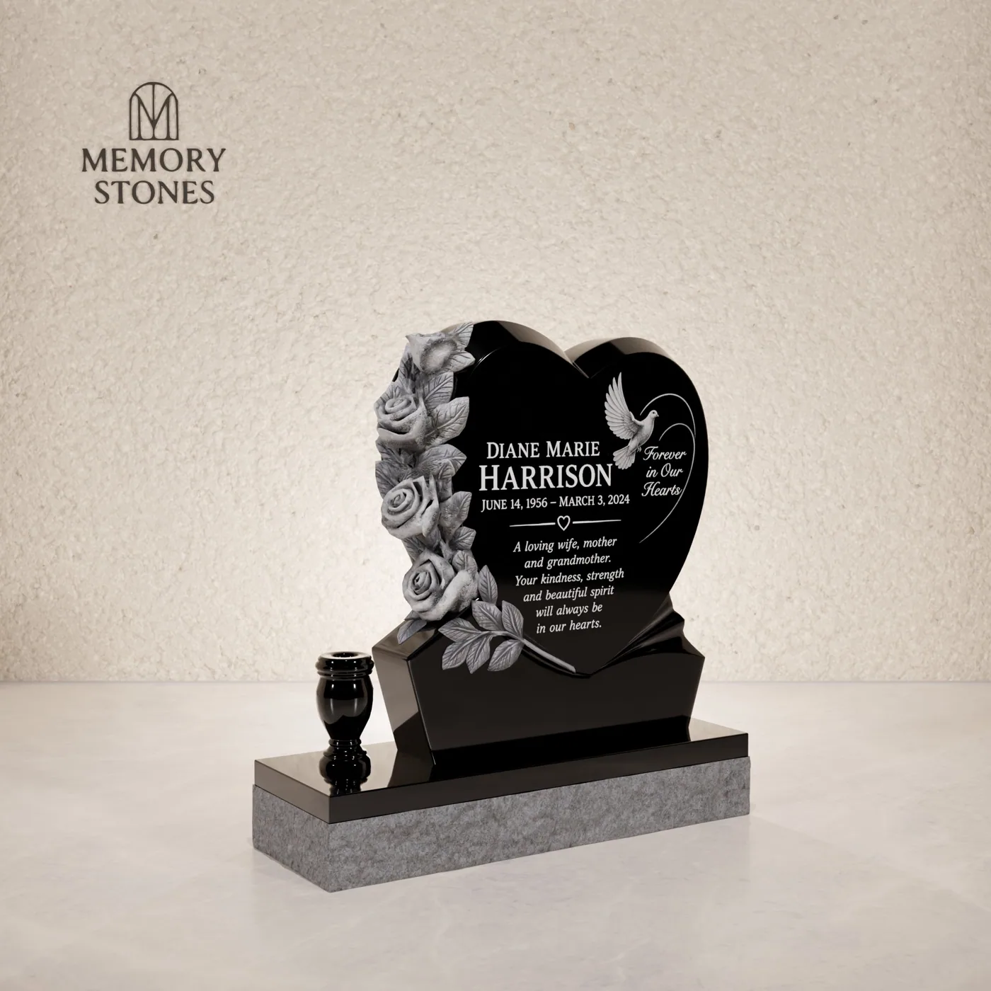 Heart Shape Headstone with Rose Carving