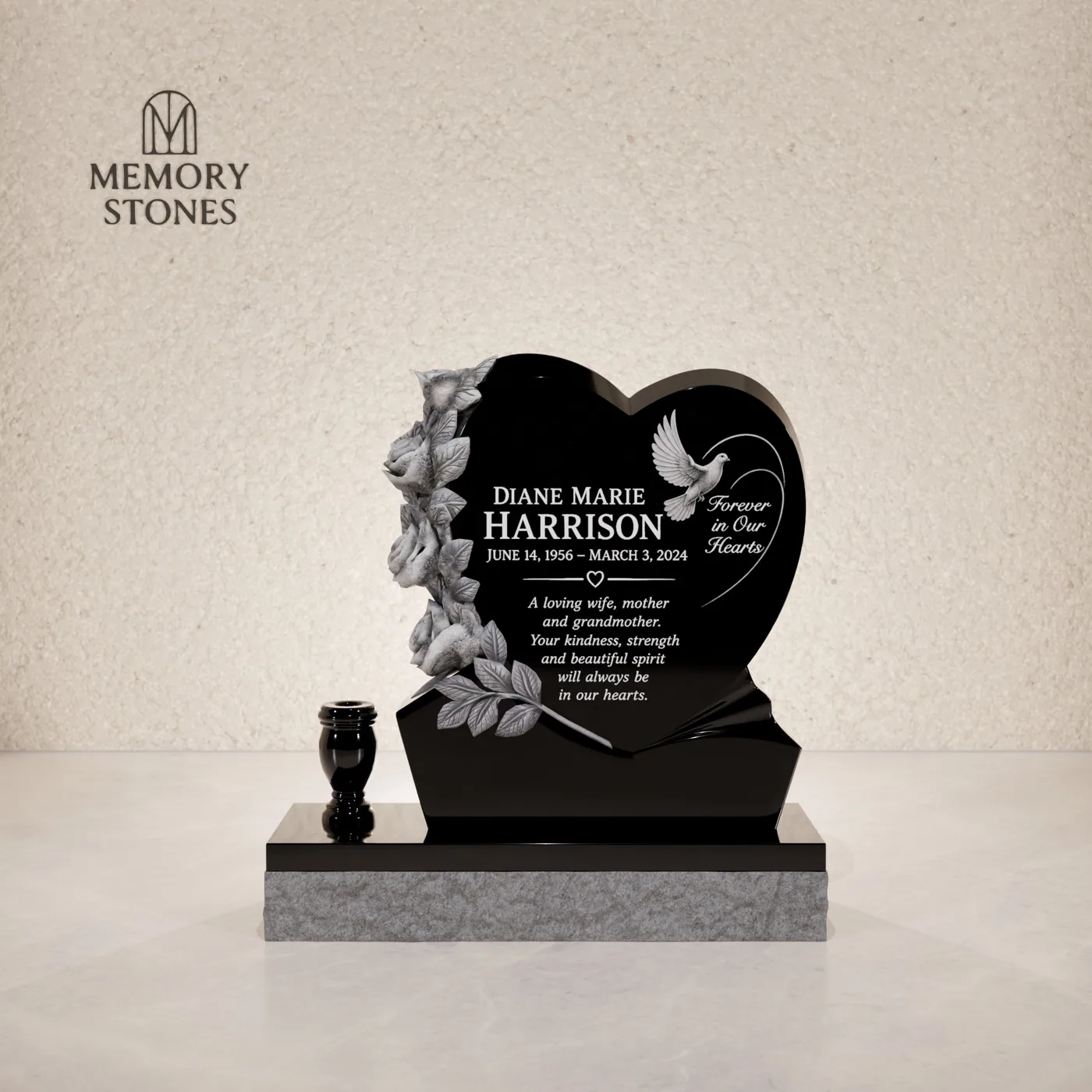 Heart Shape Headstone with Rose Carving — view 2