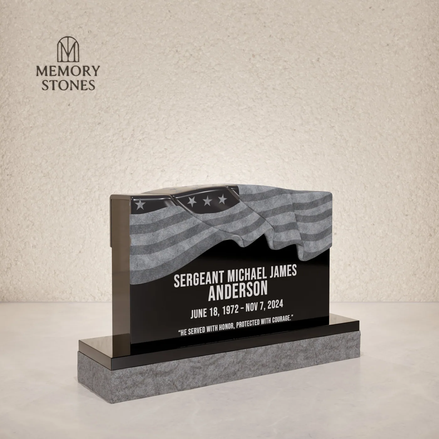 Patriotic Companion Upright Headstone with Flag Design