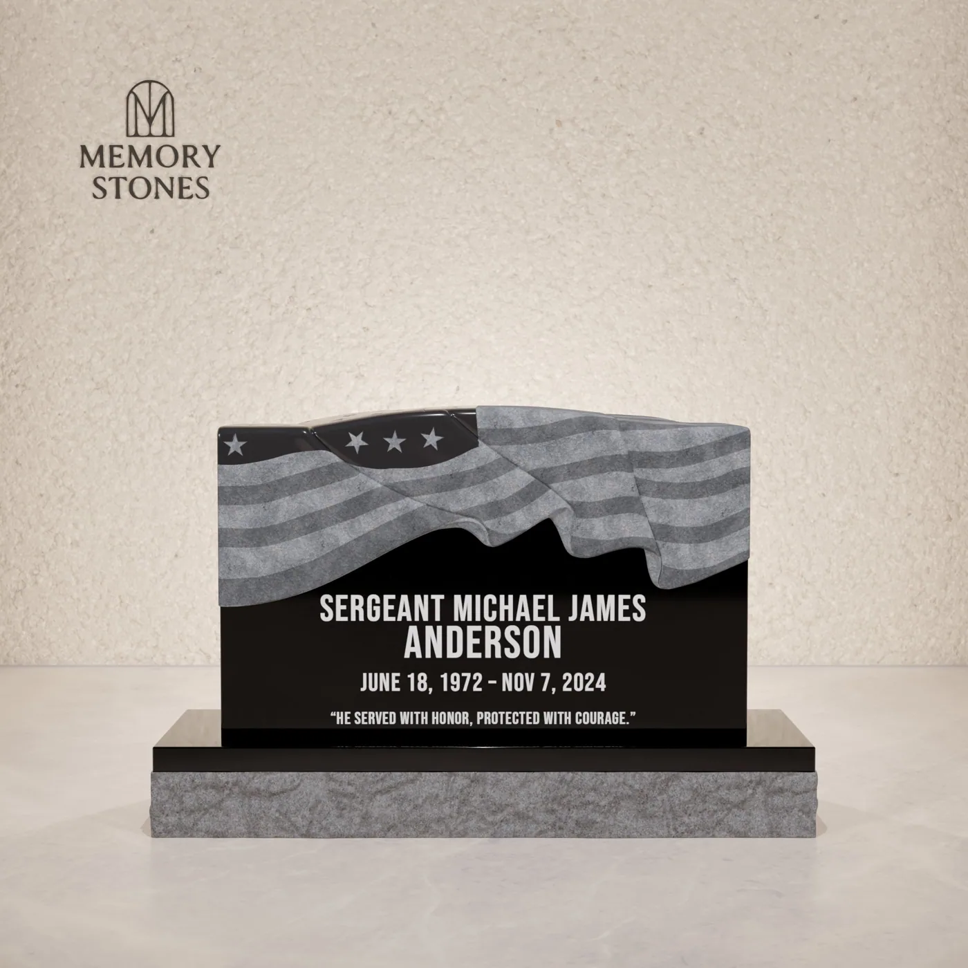 Patriotic Companion Upright Headstone with Flag Design — view 2