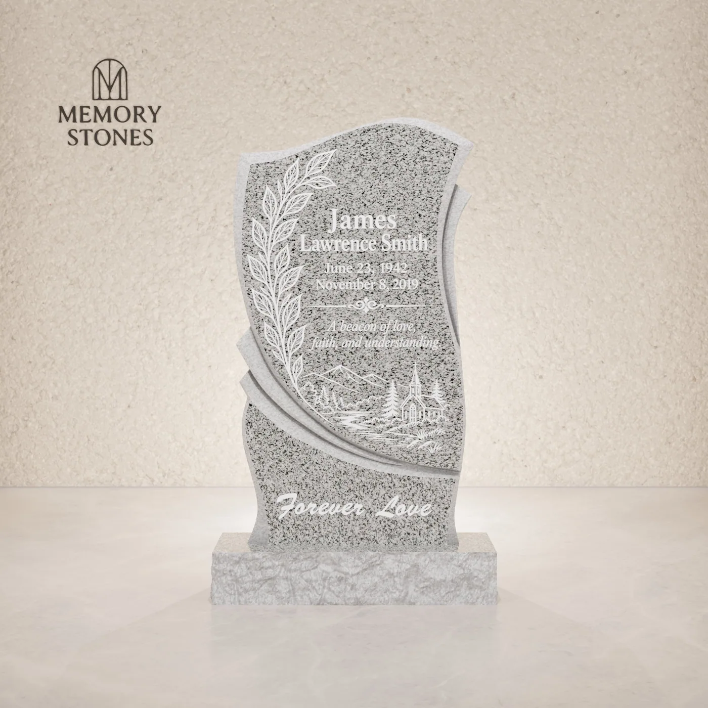 Modern Wave Shape Upright Granite Headstone — view 2