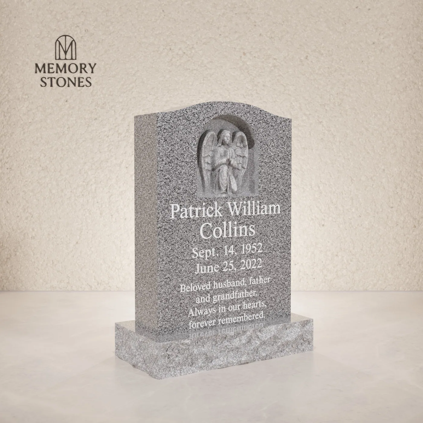 Praying Angel Relief Upright Granite Headstone