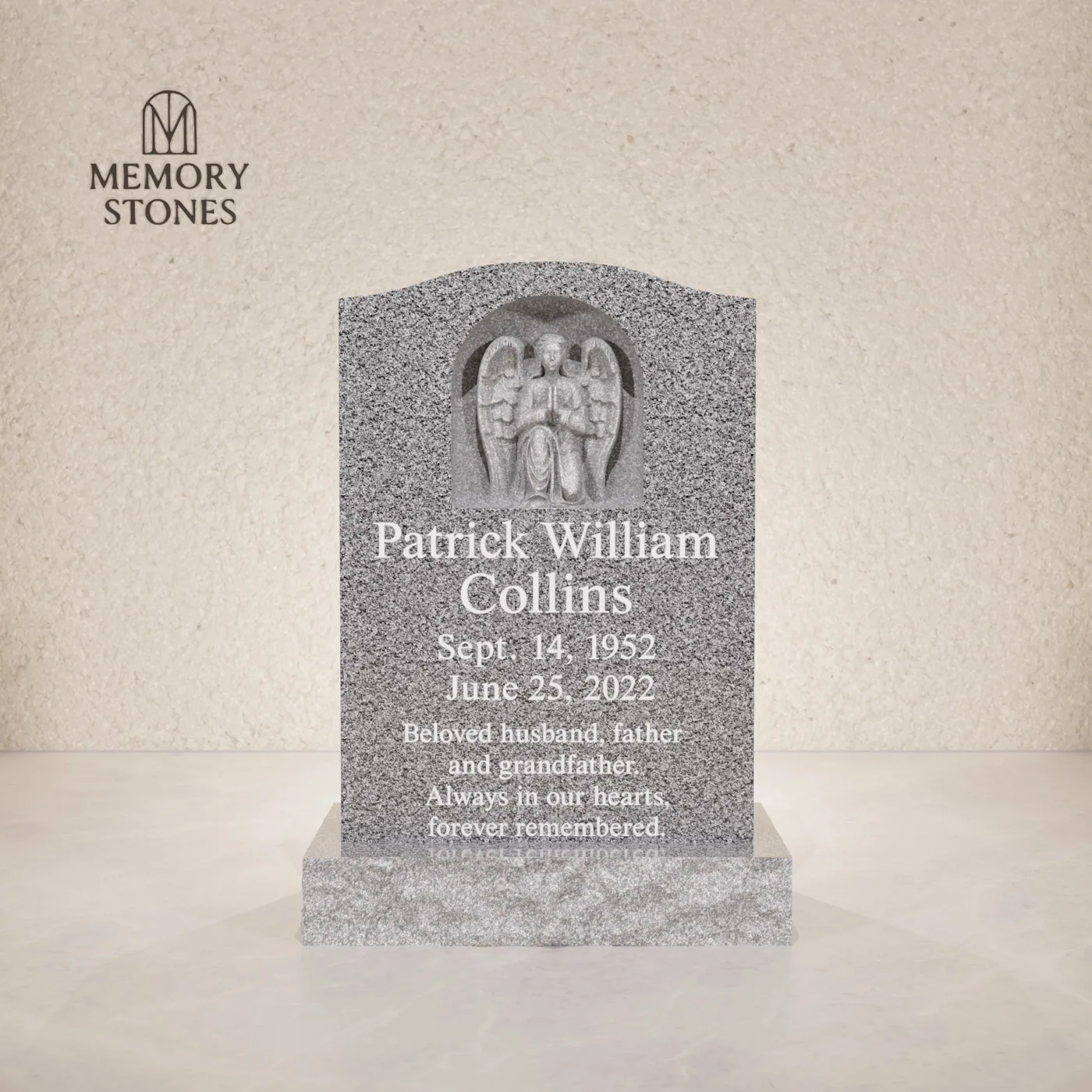 Praying Angel Relief Upright Granite Headstone — view 2