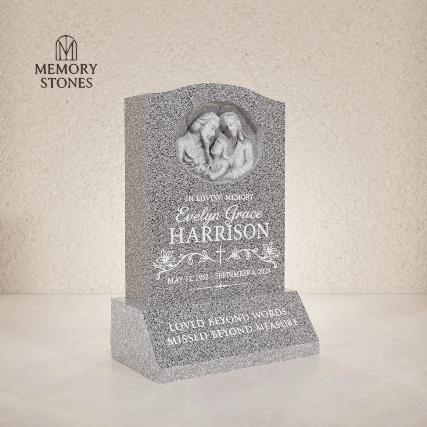 Serpentine Upright Granite Headstone with Family Design