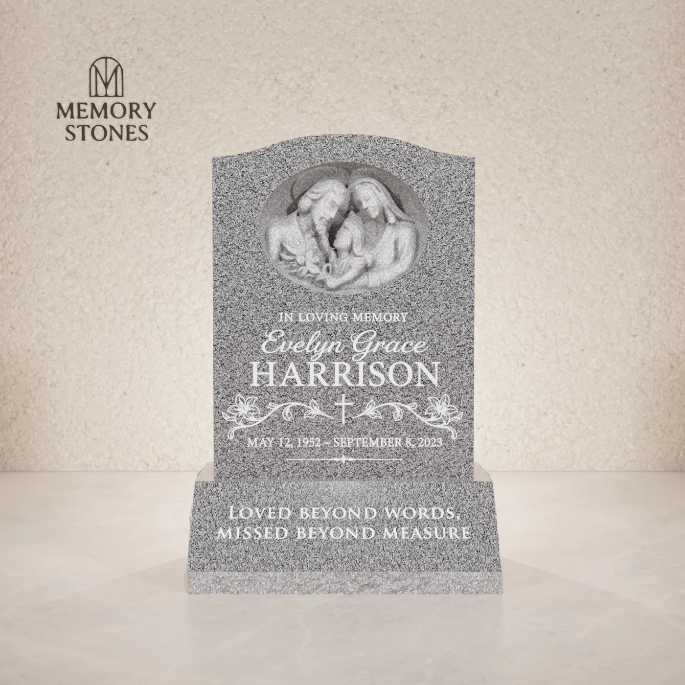 Serpentine Upright Granite Headstone with Family Design — view 2