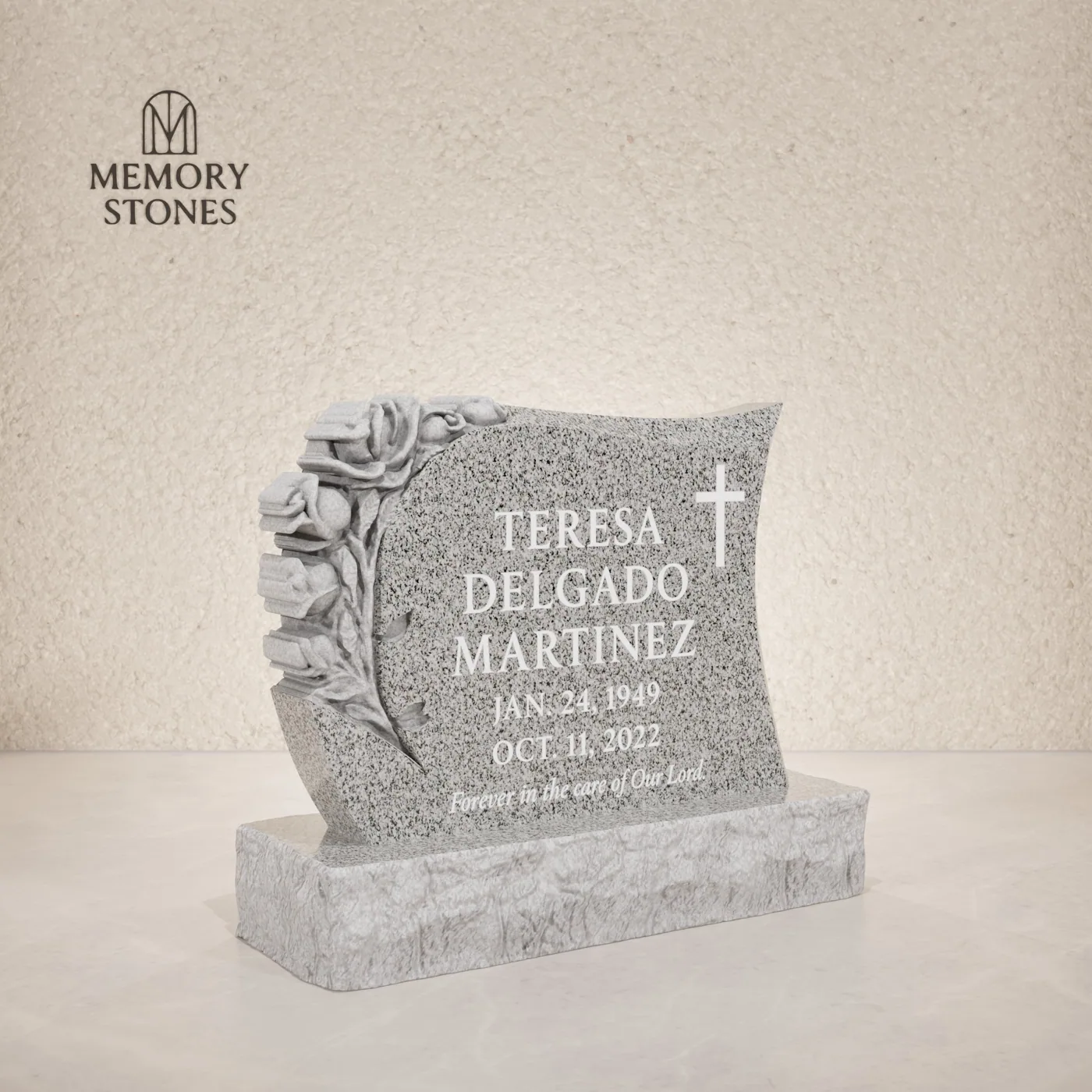 Serpentine Upright Granite Headstone with Rose Carving
