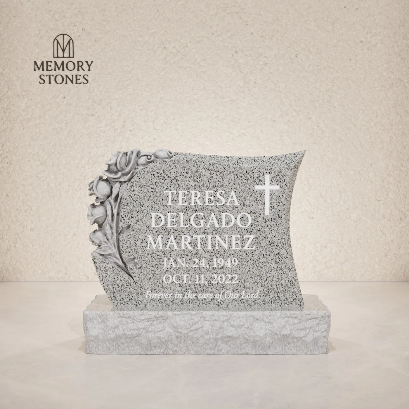 Serpentine Upright Granite Headstone with Rose Carving — view 2