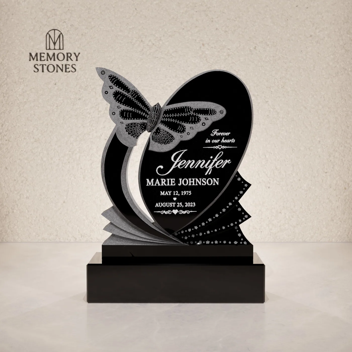 Butterfly Heart Artistic Granite Headstone — view 2