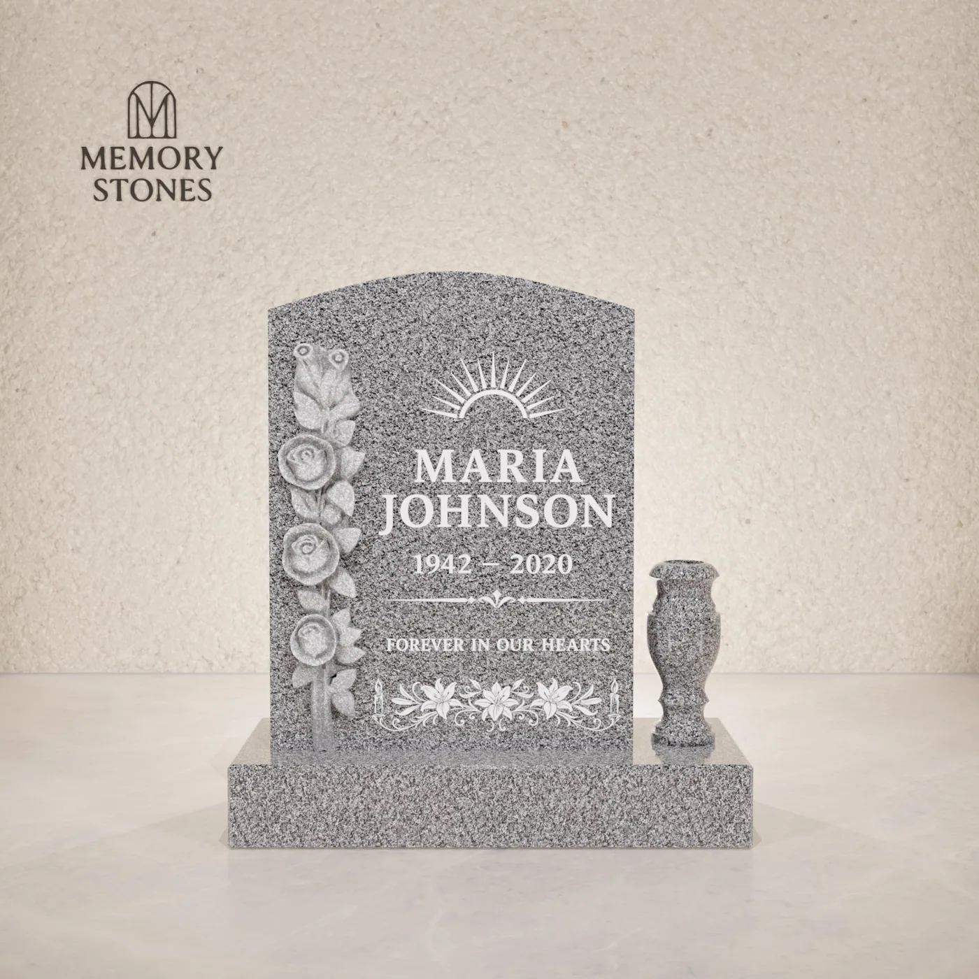 Classic Upright Headstone with Floral Detail — view 2