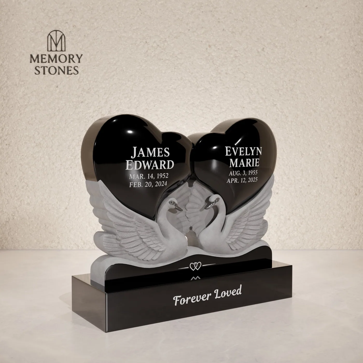 Double Heart Companion Granite Headstone with Swans