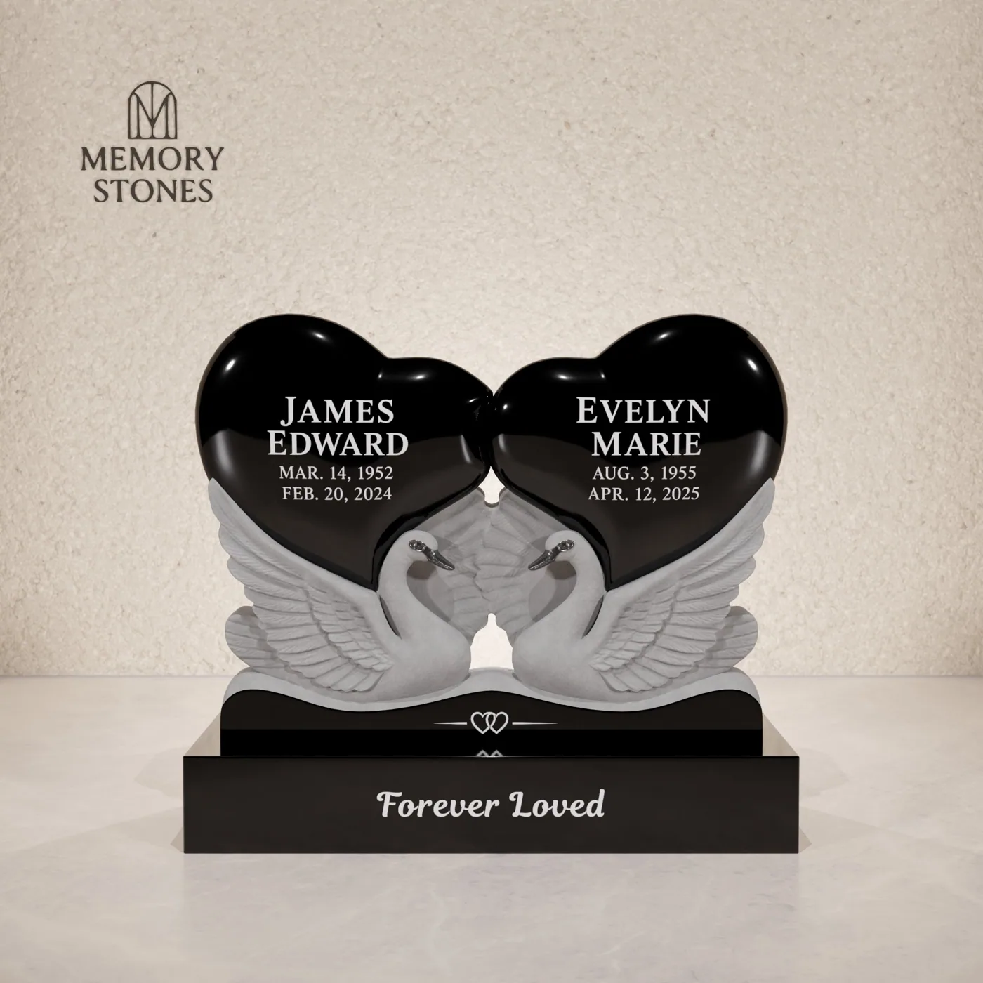 Double Heart Companion Granite Headstone with Swans — view 2
