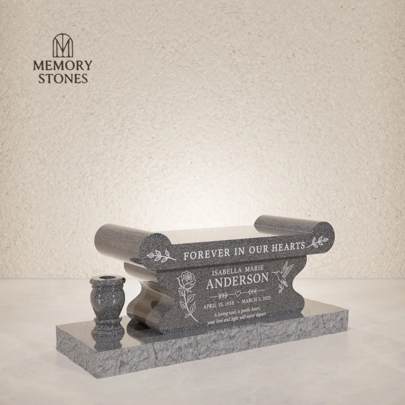 Scroll-End Granite Memorial Bench with Vase