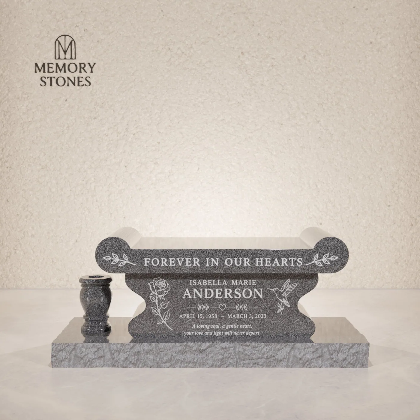 Scroll-End Granite Memorial Bench with Vase — view 2