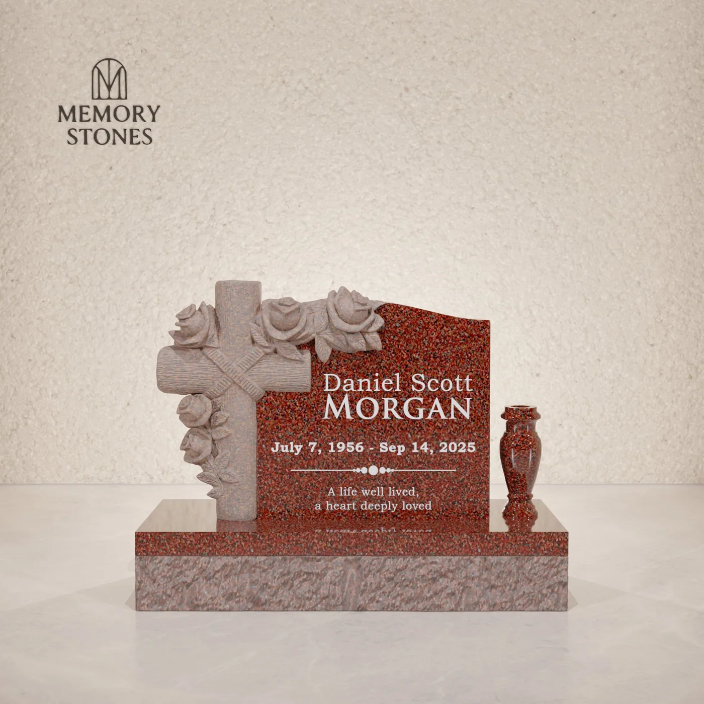 Granite Upright Headstone with Cross and Roses — view 2