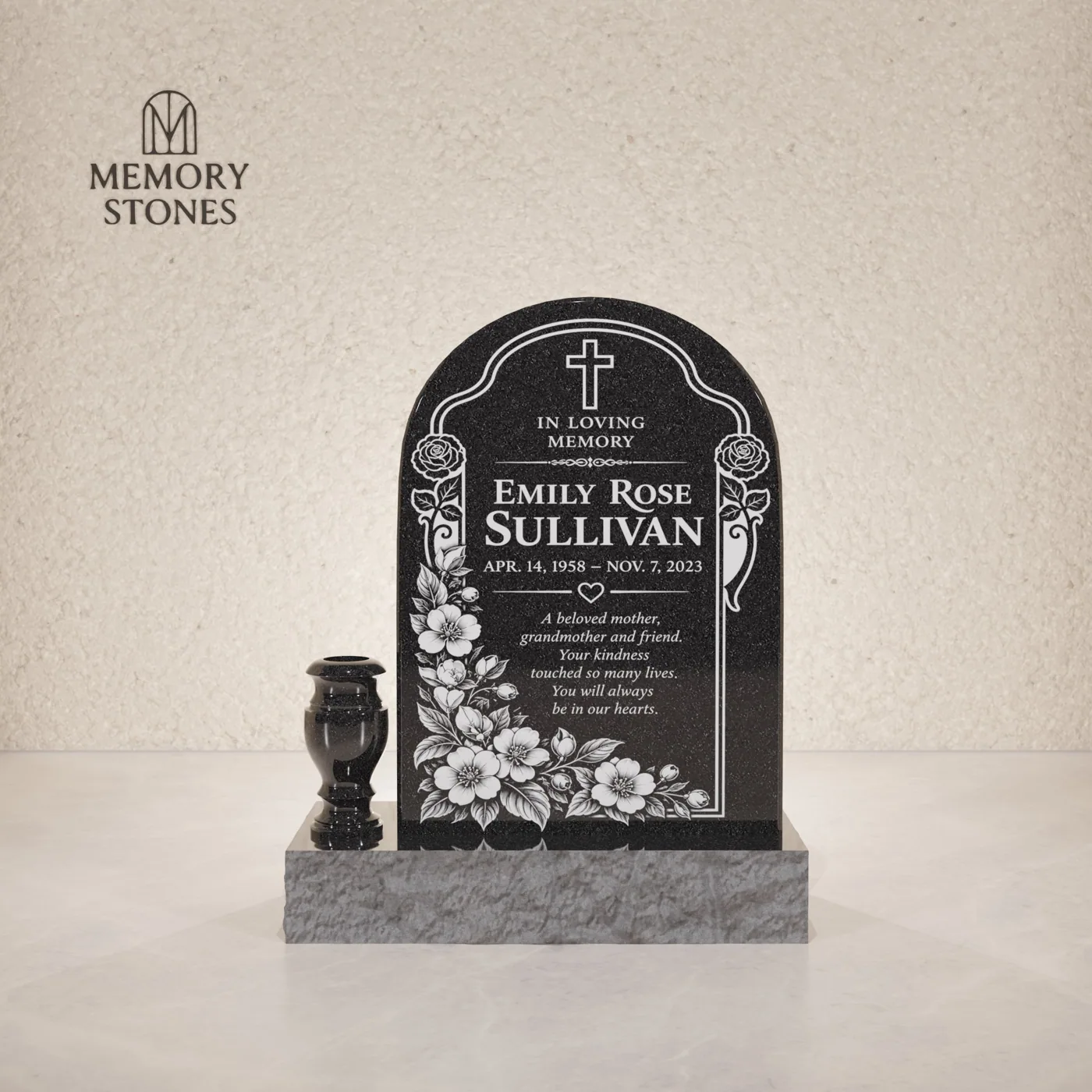 Arched Top Upright Granite Headstone — view 2