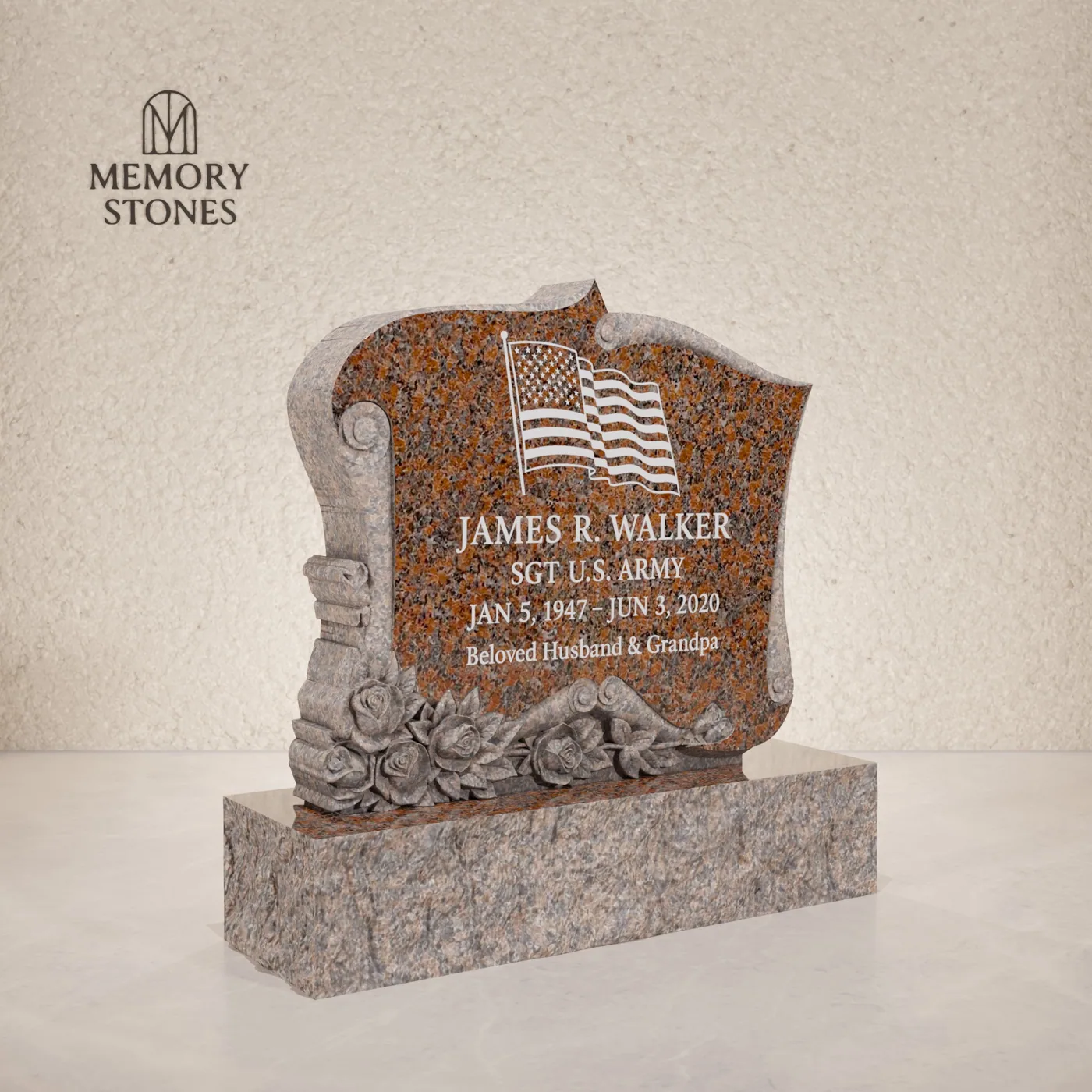 Scroll Edge Upright Granite Headstone with Rose Carving