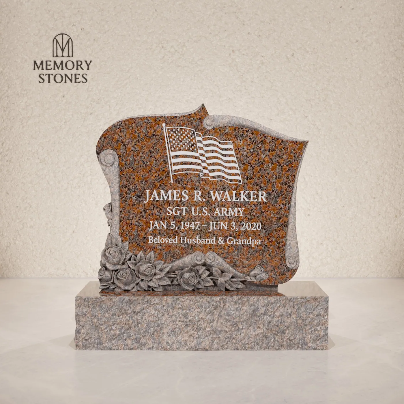 Scroll Edge Upright Granite Headstone with Rose Carving — view 2