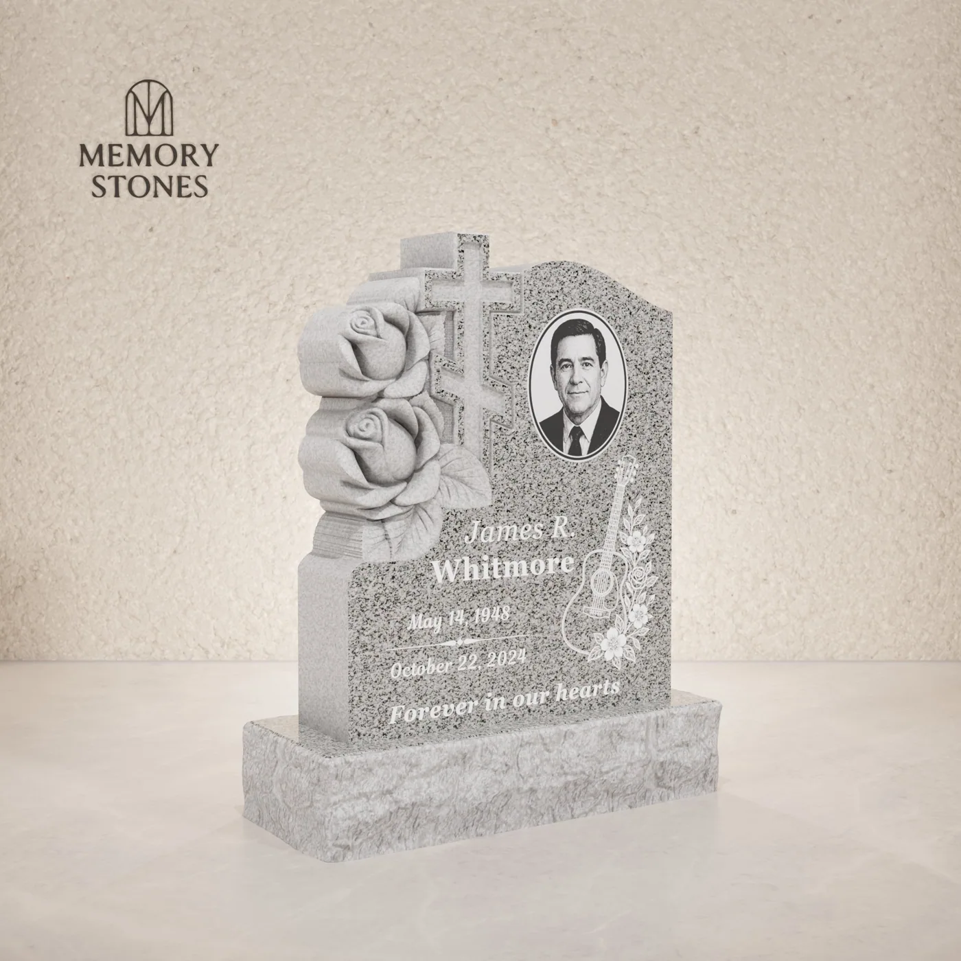 Cross & Rose Carved Upright Granite Headstone