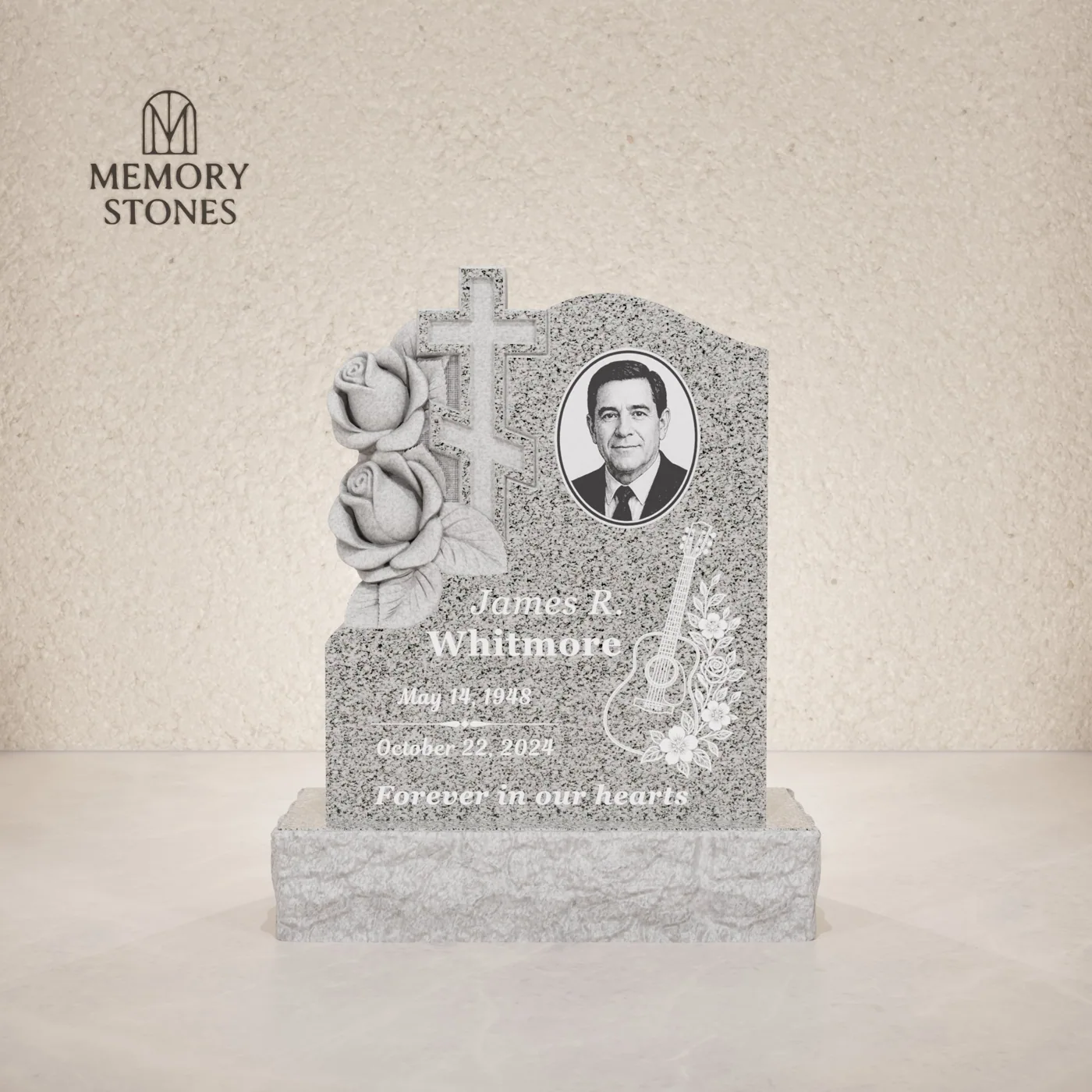 Cross & Rose Carved Upright Granite Headstone — view 2