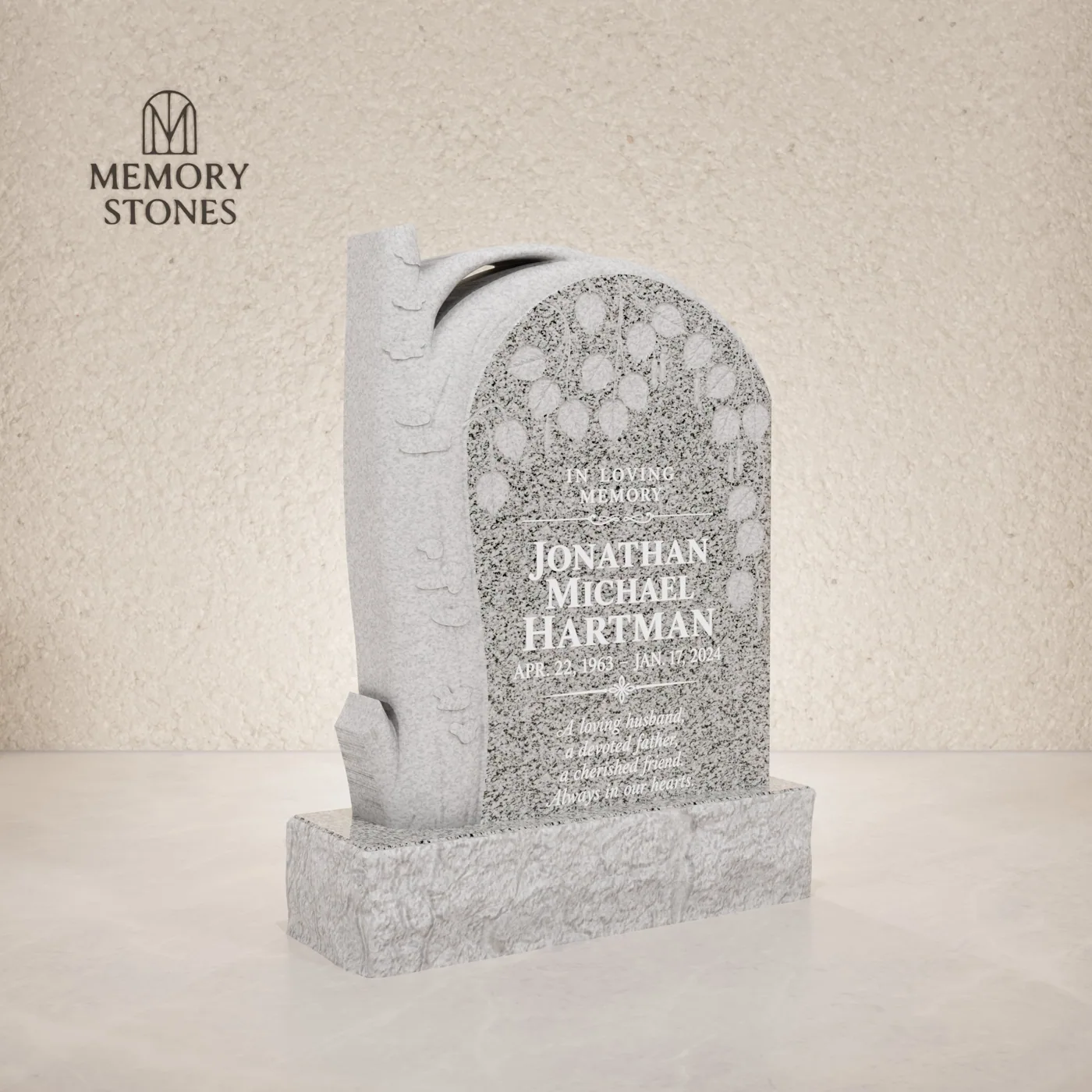 Tree Shape Granite Headstone with Leaf Carving 18 x 4 x 22