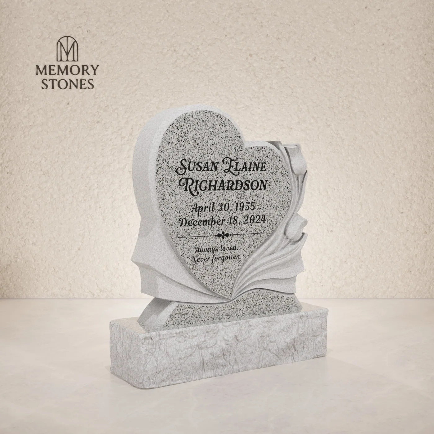 Heart and Open Book Headstone with Carved Roses 18 x 3 x 20