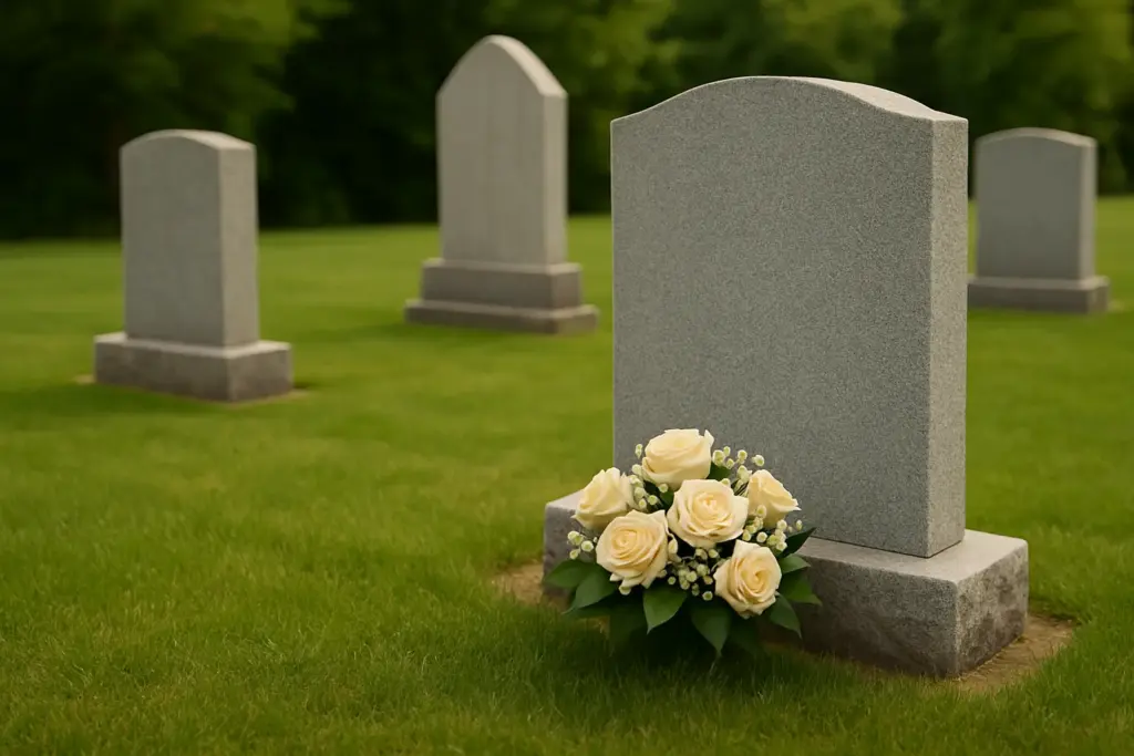 Personalized Headstones That Say More Than a Name and Two Dates 2 Granite cemetery headstone with a bouquet of cream roses placed at its base on a peaceful green lawn