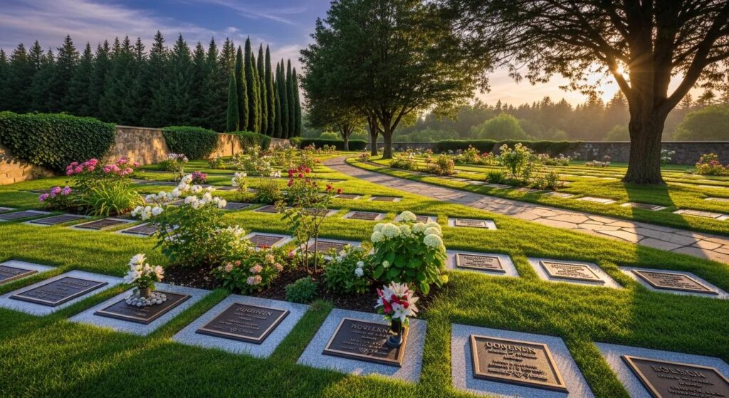 Headstone Decorations Through the Year and What Cemeteries Will Actually Let You Do 3 Peaceful cemetery with affordable flat granite markers and bronze plaques