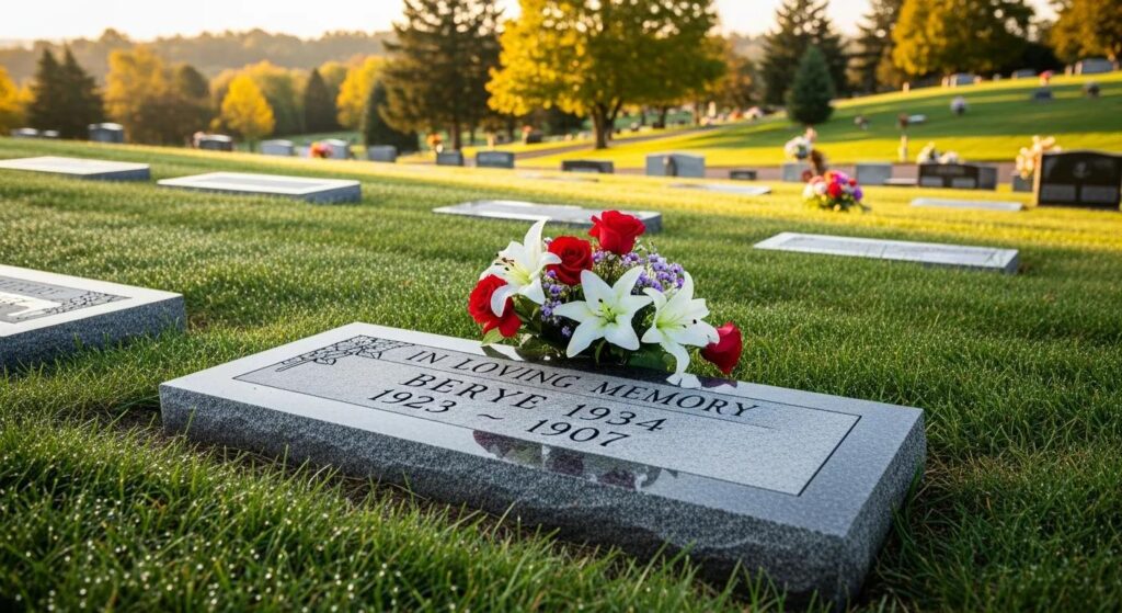 Headstone Fonts a Stone Carver Actually Trusts 2 Granite flat marker in a peaceful cemetery, showing an affordable, lasting memorial option