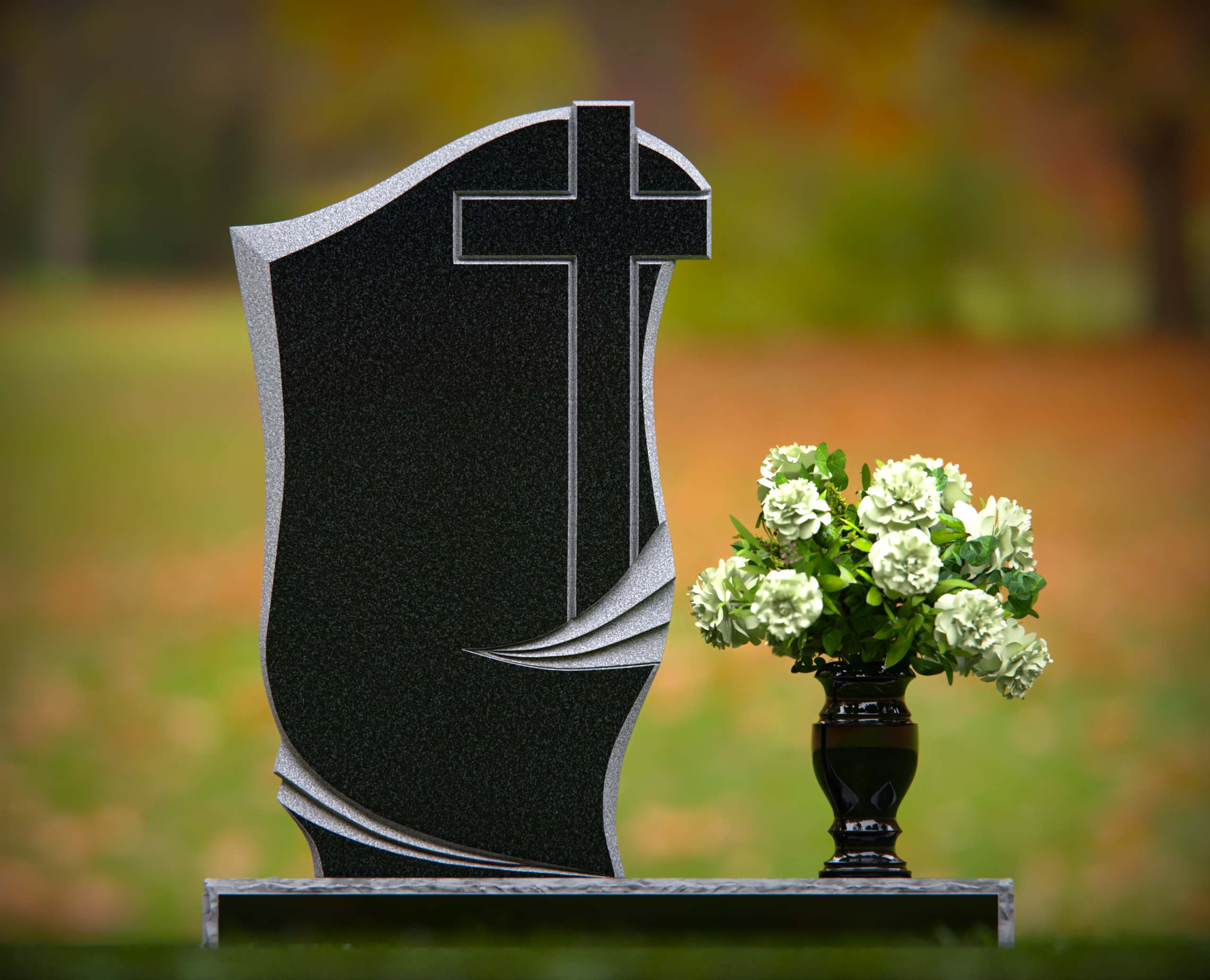 1302-111-8.jpg Christian Cross Shape Granite Headstone with Flowing Drape