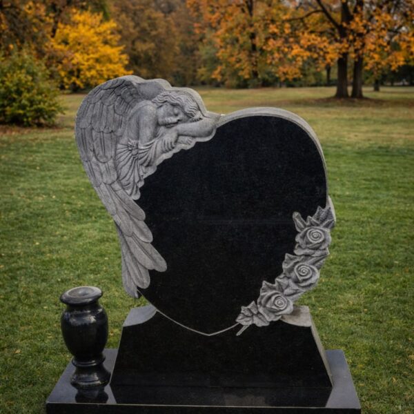 Angel Embrace Heart Upright Granite Headstone with Vase