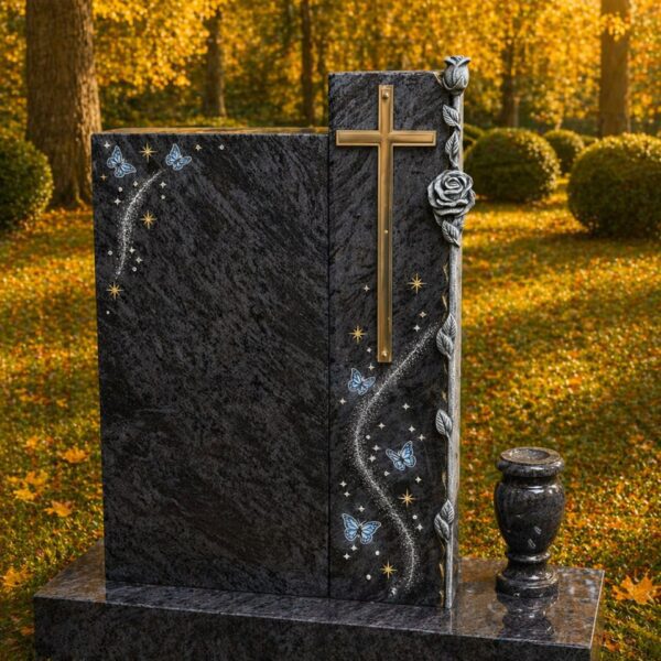 Special Shape Headstone with Cross & Butterfly Design