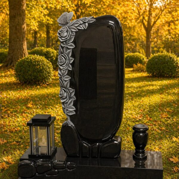 Elegant Upright Headstone with Roses & Butterfly